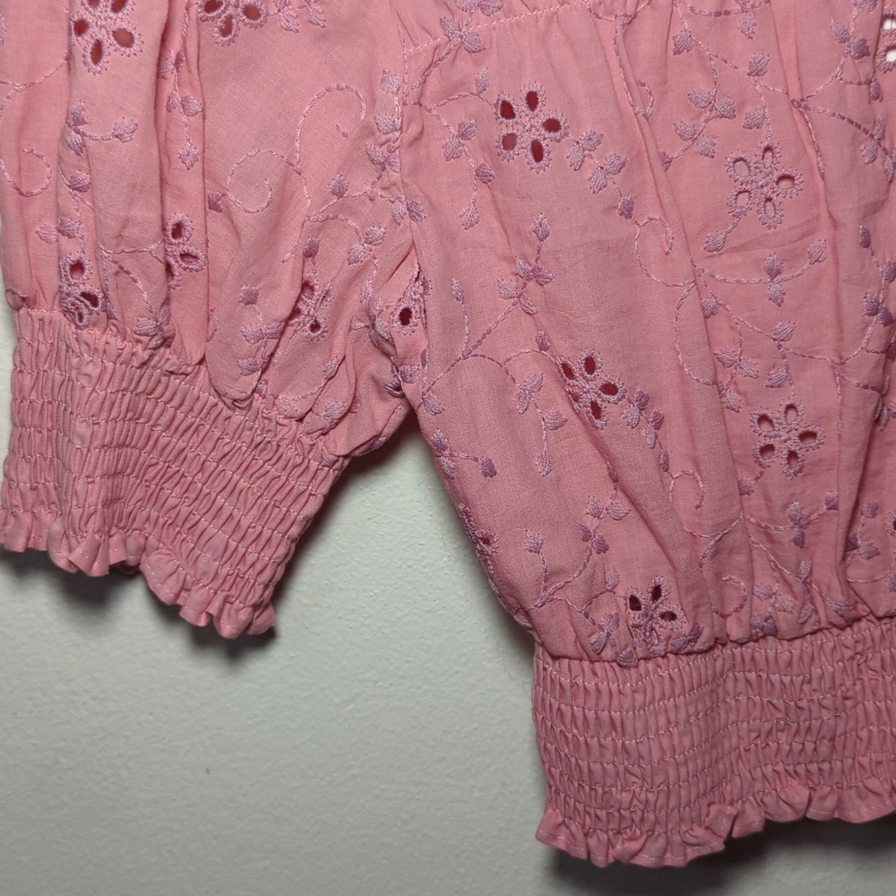 Zara Embroidered Eyelet Puff Sleeve Smocked Cropped Blouse Pink NEW Size XS - Picture 5 of 7